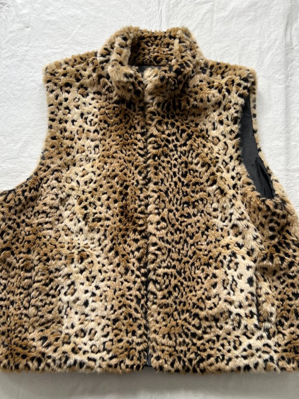 y2k faux fur vest leopard animal print brown black fuzzy XL womens zip up 2000s